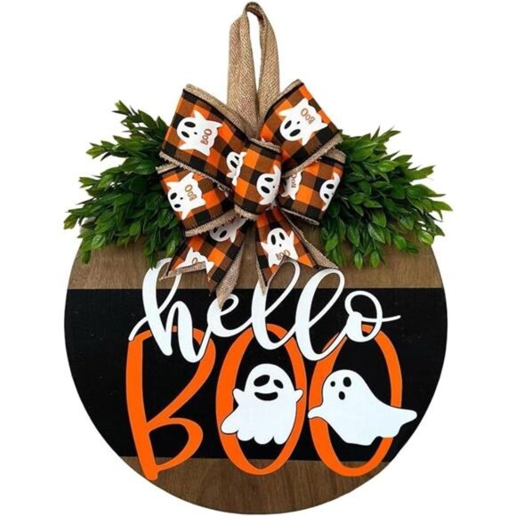 Halloween Ghost Door Sign - Cute Wood Wreath for‎ Front Door & Porch Decor